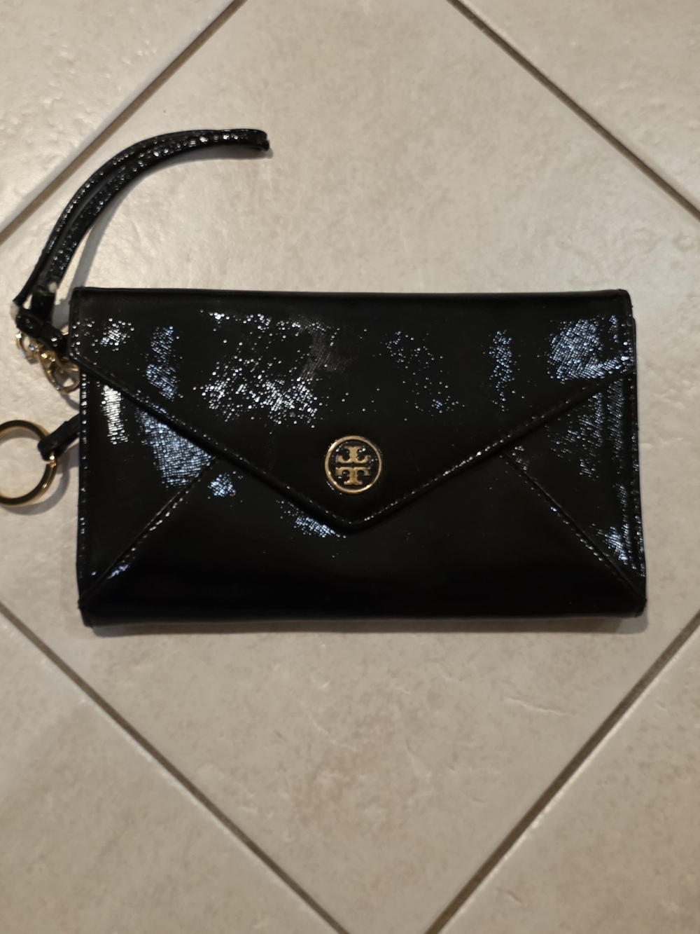 Tory Burch Black Patent Leather Envelope Wristlet with Gold Logo